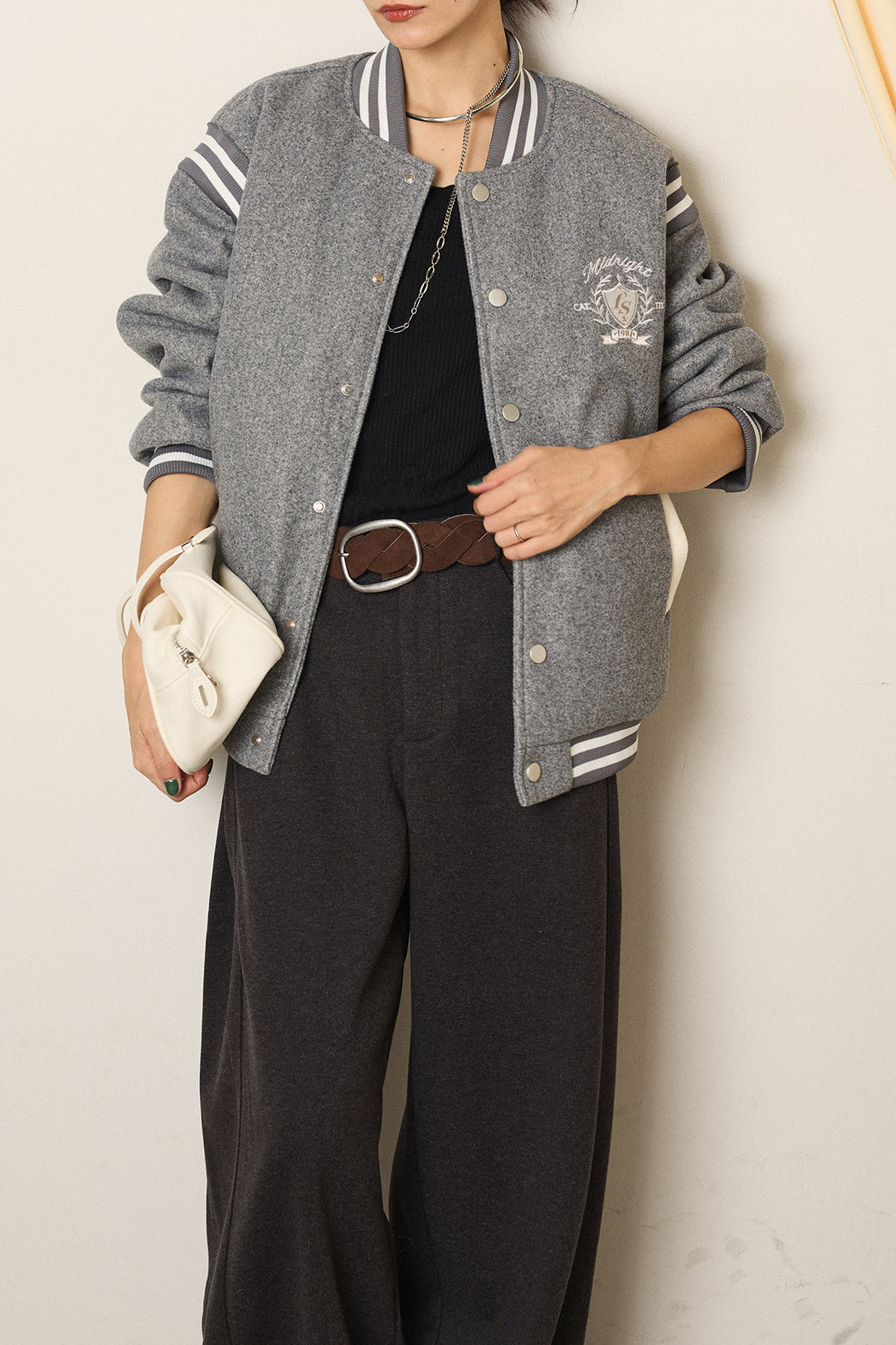 [SET]ワンポイントデザインブルゾン+編みベルト付きワイドパンツ(2set)