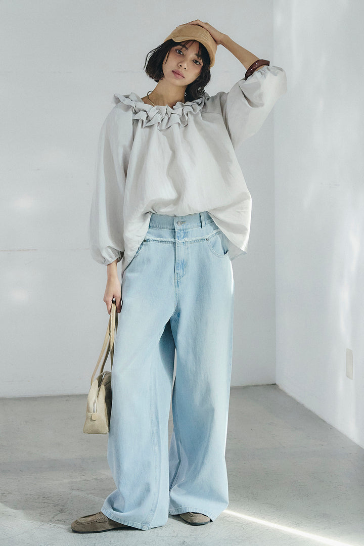[SET]ネックフリルデザインブラウス+ウエスト裁ち切りデニムワイドパンツ(2set)