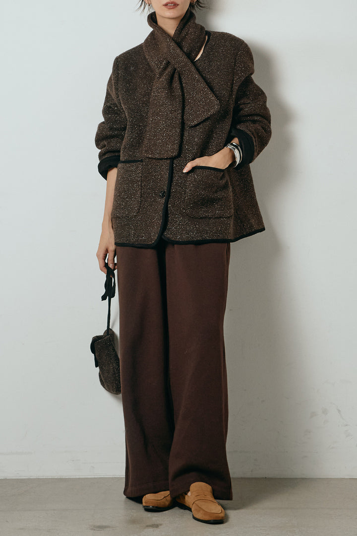 [SET]ノーカラーマフラーバッグ付きアウター+裏起毛スウェットワイドパンツ(2set)