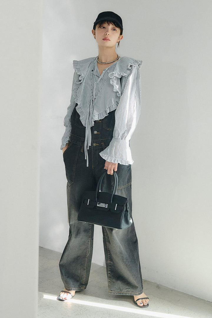 [SET]コットンフリルブラウス+デニムサロペットワイドパンツ(2set)