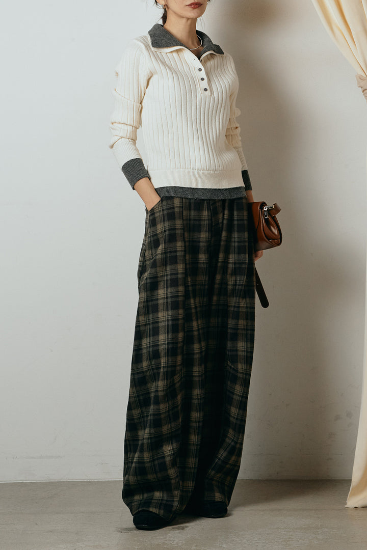 [SET]レイヤード風リブニットトップス+ベルト付きタータンチェックカーブワイドパンツ(2set)