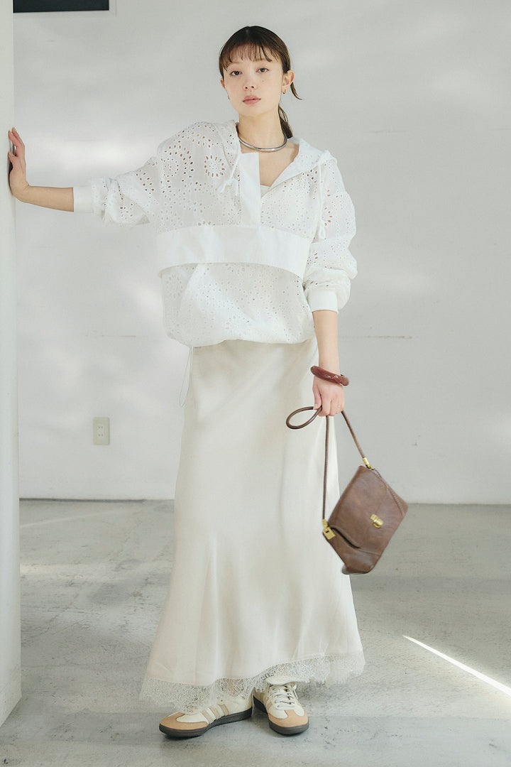 [SET]レースハーフジップアップフーディー+バイアスナローサテンスカート(2set)