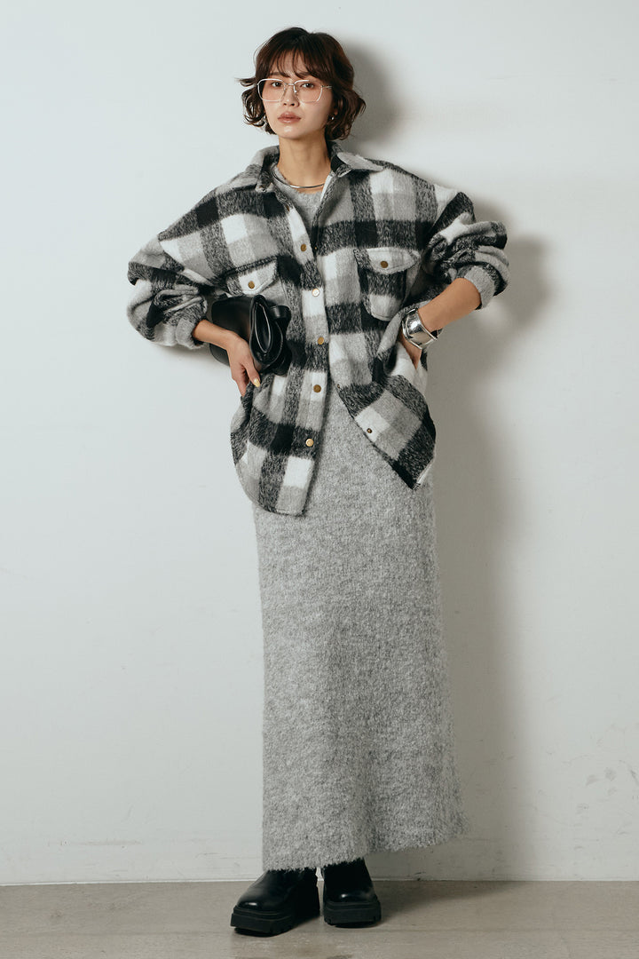 [SET]起毛チェック柄ポケットアウター+起毛ノースリーブニットロングワンピース(2set)