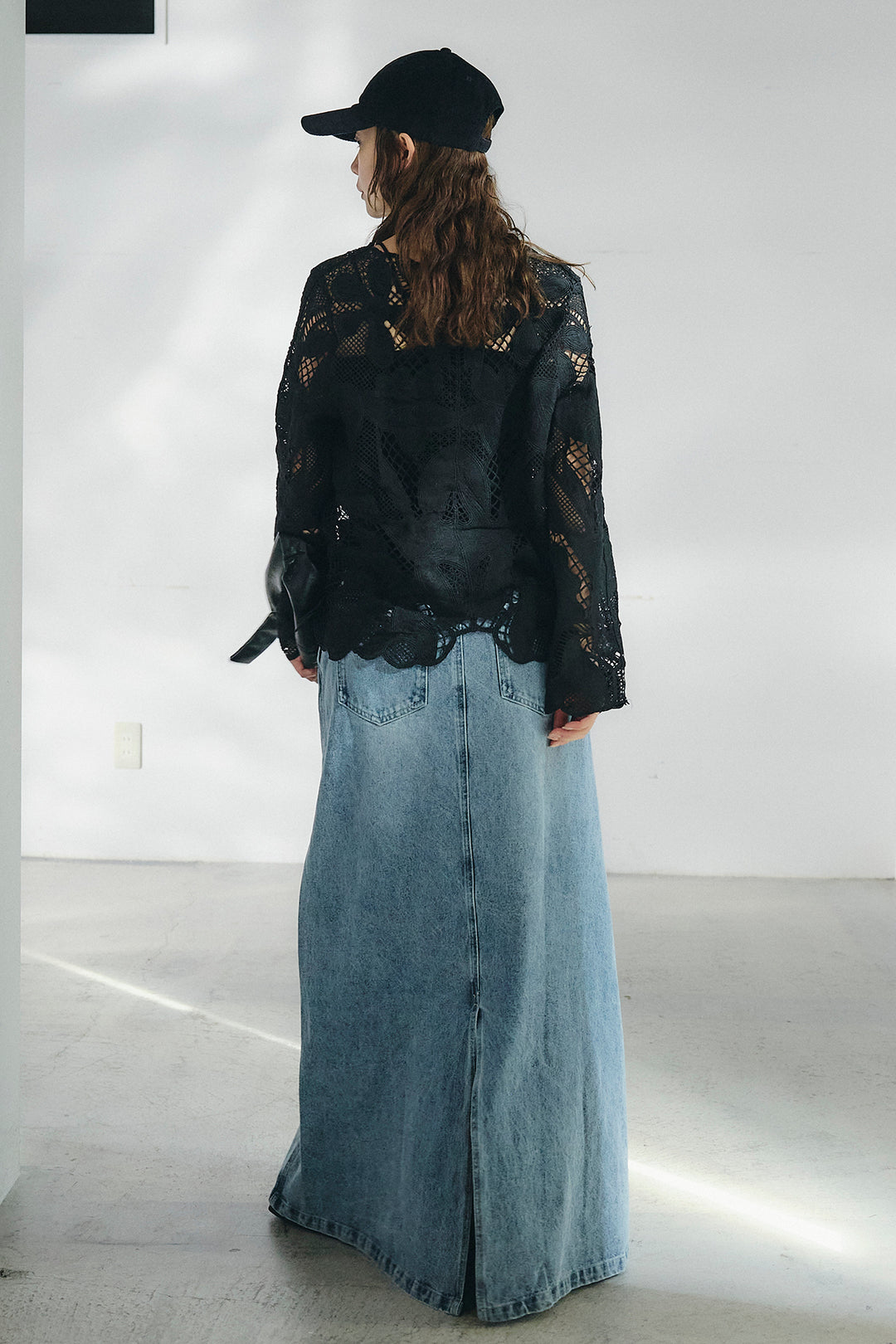 [SET]フラワー刺繍レースブラウス+デニムロングフレアスカート(2set)