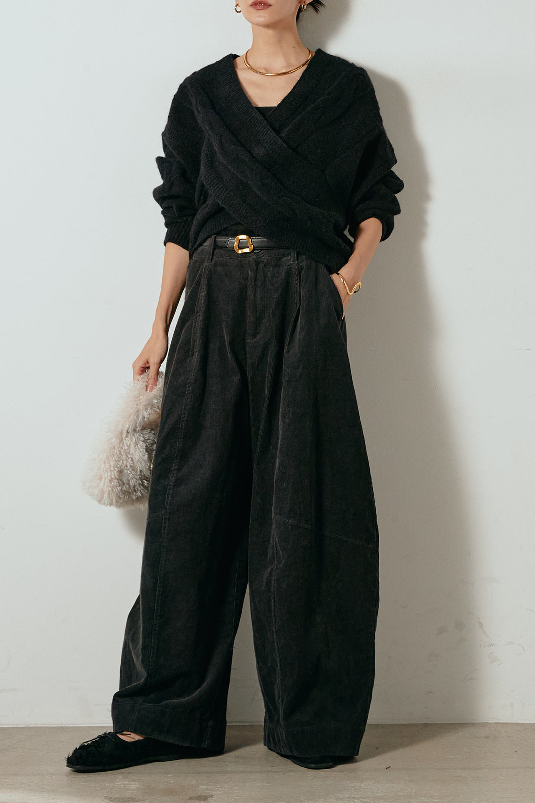 [SET]ケーブルカシュクールニットトップス+タック入りコーデュロイワイドパンツ(2set)