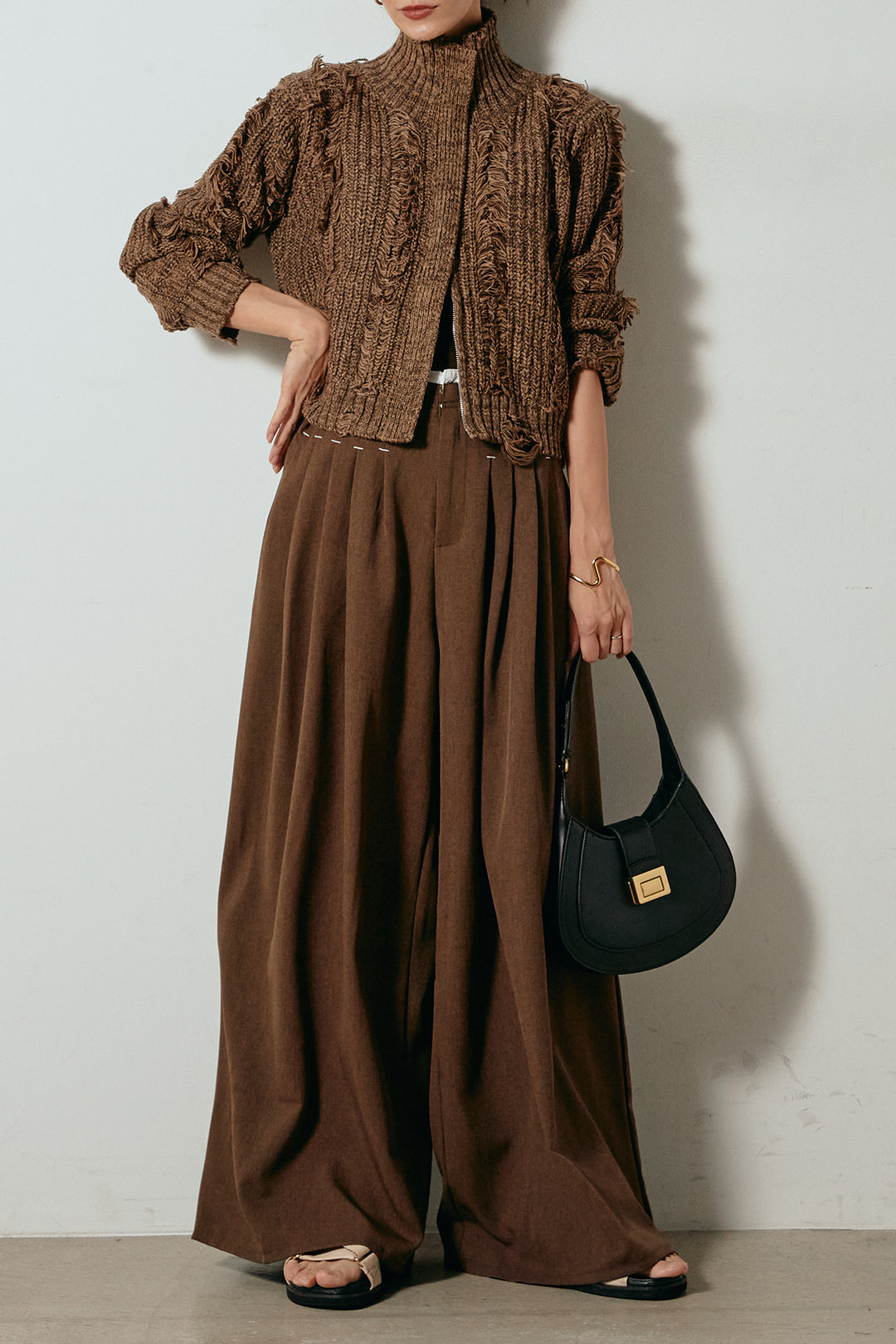 [SET]ハイネックフリンジジップニットトップス+ウエストステッチデザインワイドスラックス(2set)