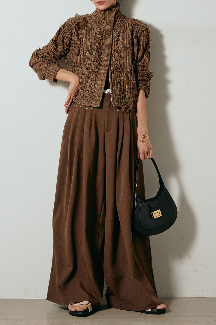 [SET]ハイネックフリンジジップニットトップス+ウエストステッチデザインワイドスラックス(2set)