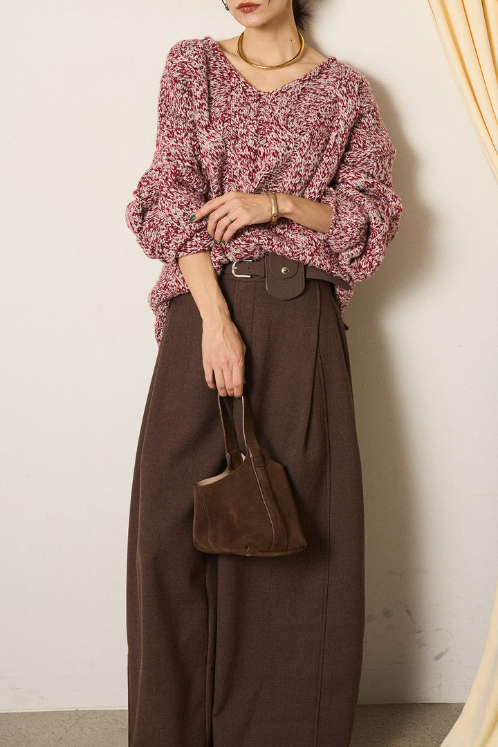 [SET]Vネックミックス編みニットトップス+ポーチベルト付きカーブパンツ(2set)