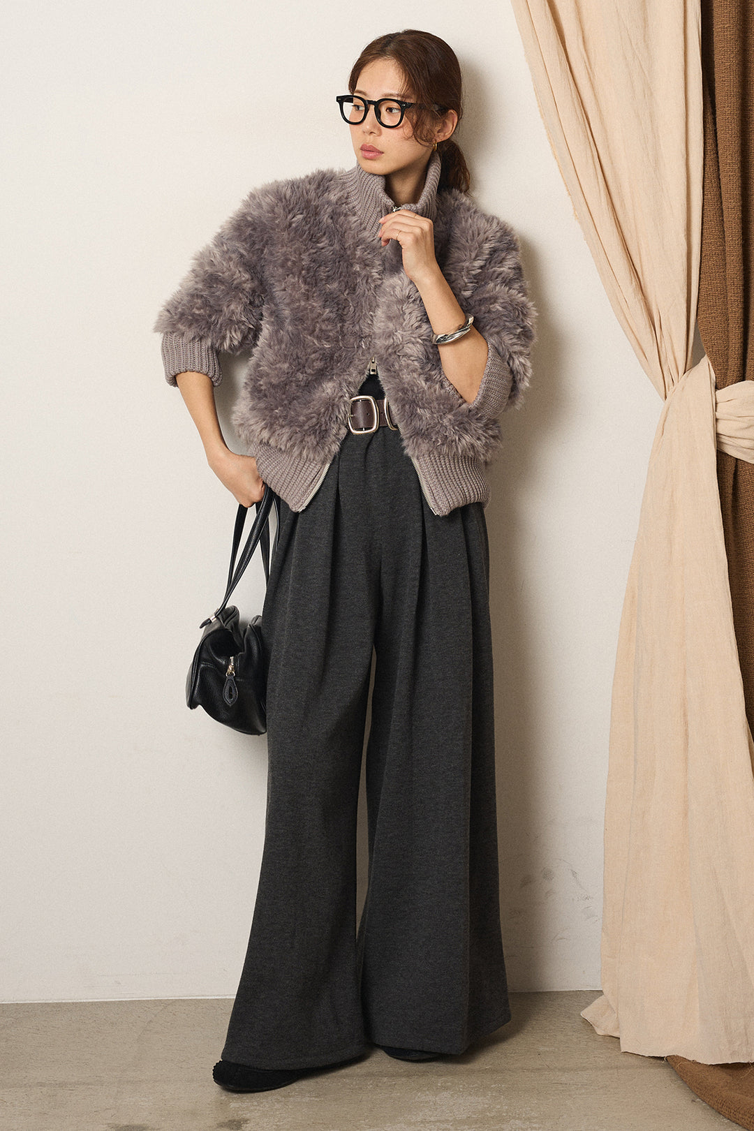 [SET]ハイネックボアブルゾン+フェイクレザー太ベルト付きタックワイドパンツ(2set)