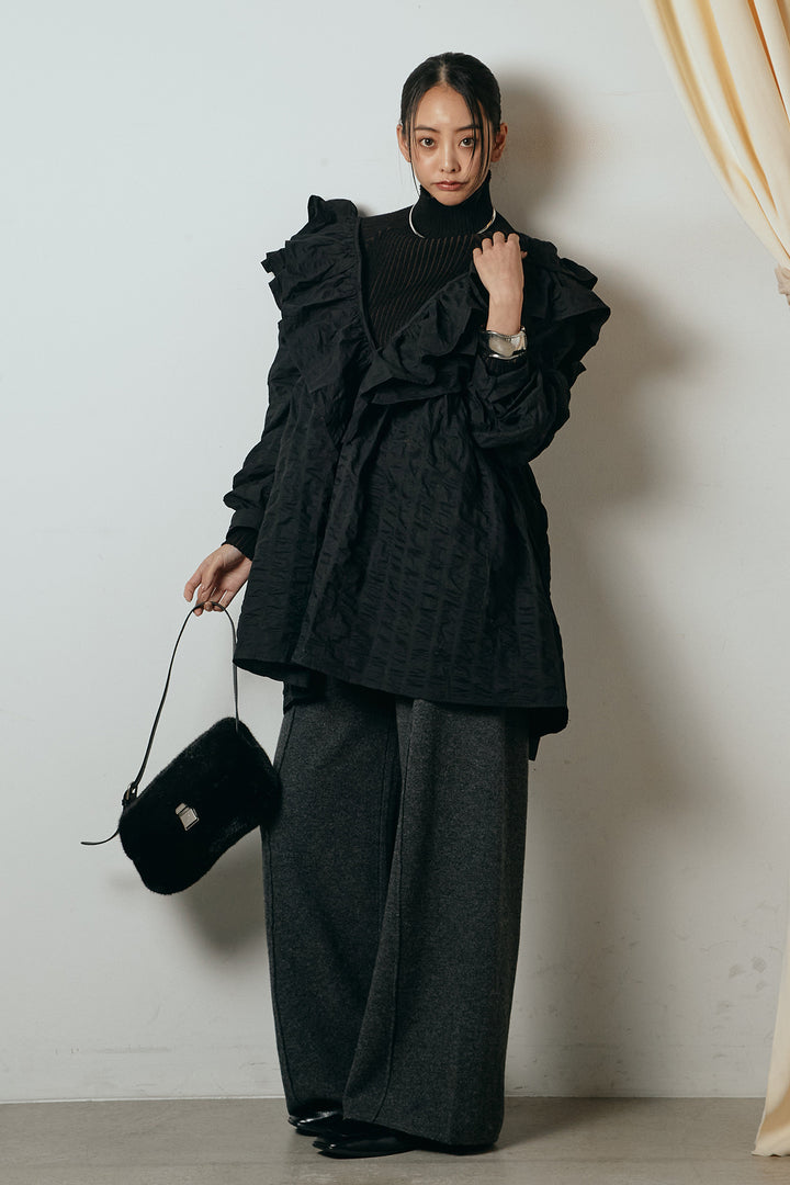 [SET]Vネックフリルカラーブラウス+センターラインニットパンツ(2set)