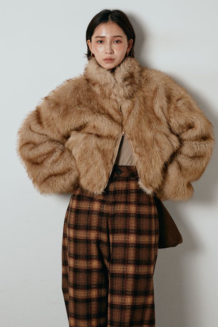 [SET]エコファーショート丈ブルゾン+ルーズタータンチェックワイドパンツ(2set)