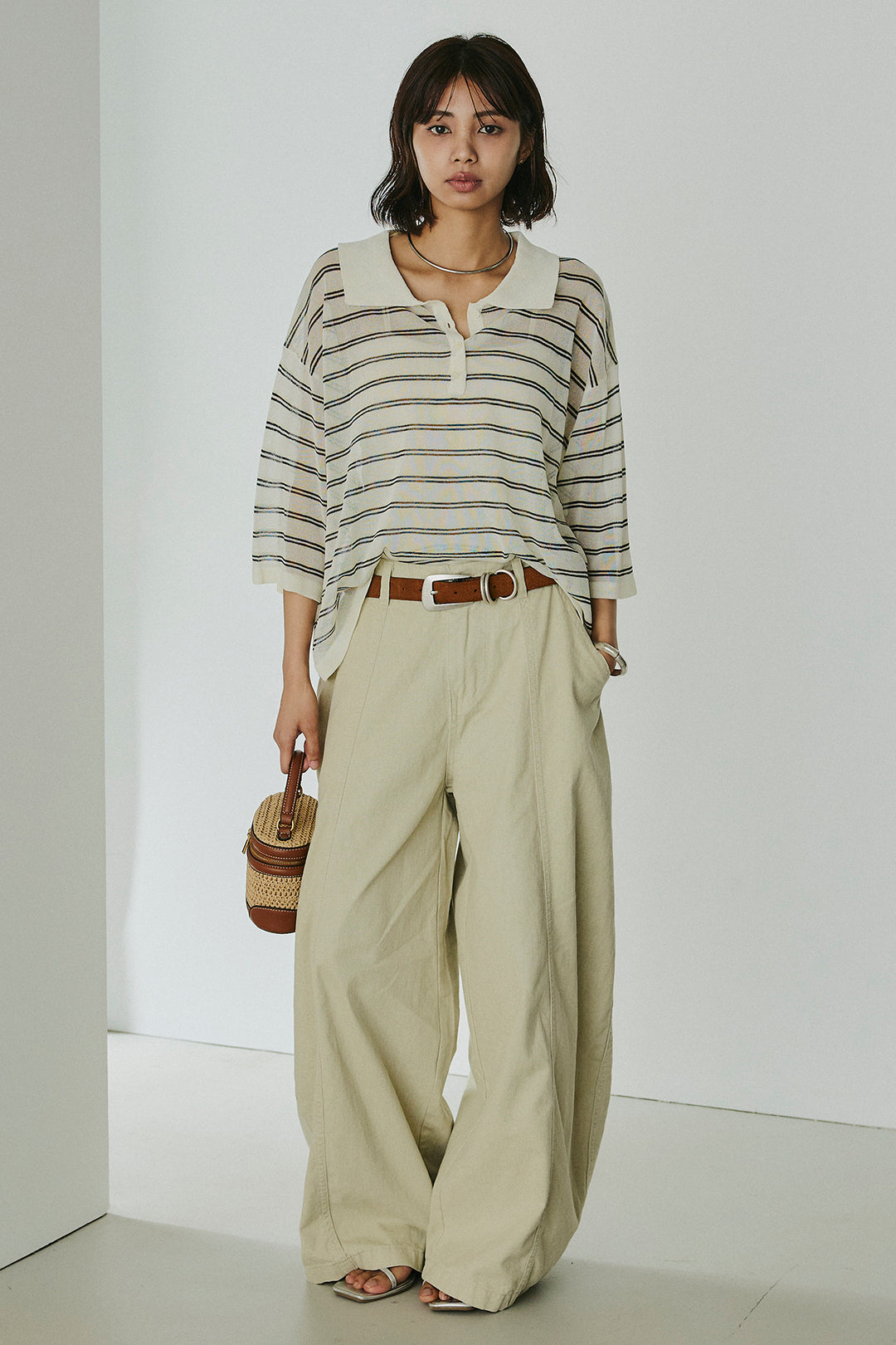 [SET]ボーダーニットポロシャツ+サイドベルトカーブワイドパンツ(2set)