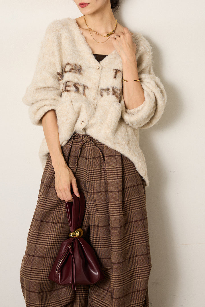 [SET]ウール混透かしロゴニットカーディガン+グレンチェックルーズタックパンツ(2set)