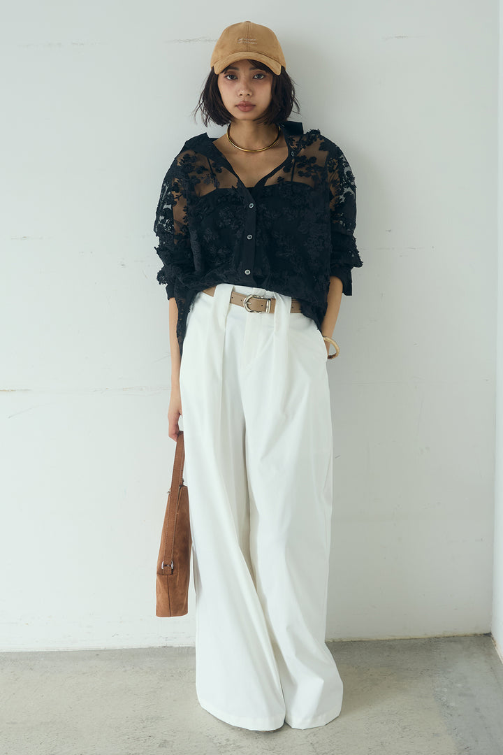 [SET]立体フラワー刺繍レースシャツ+ベルトループデザインハイウエストタックパンツ(2set)