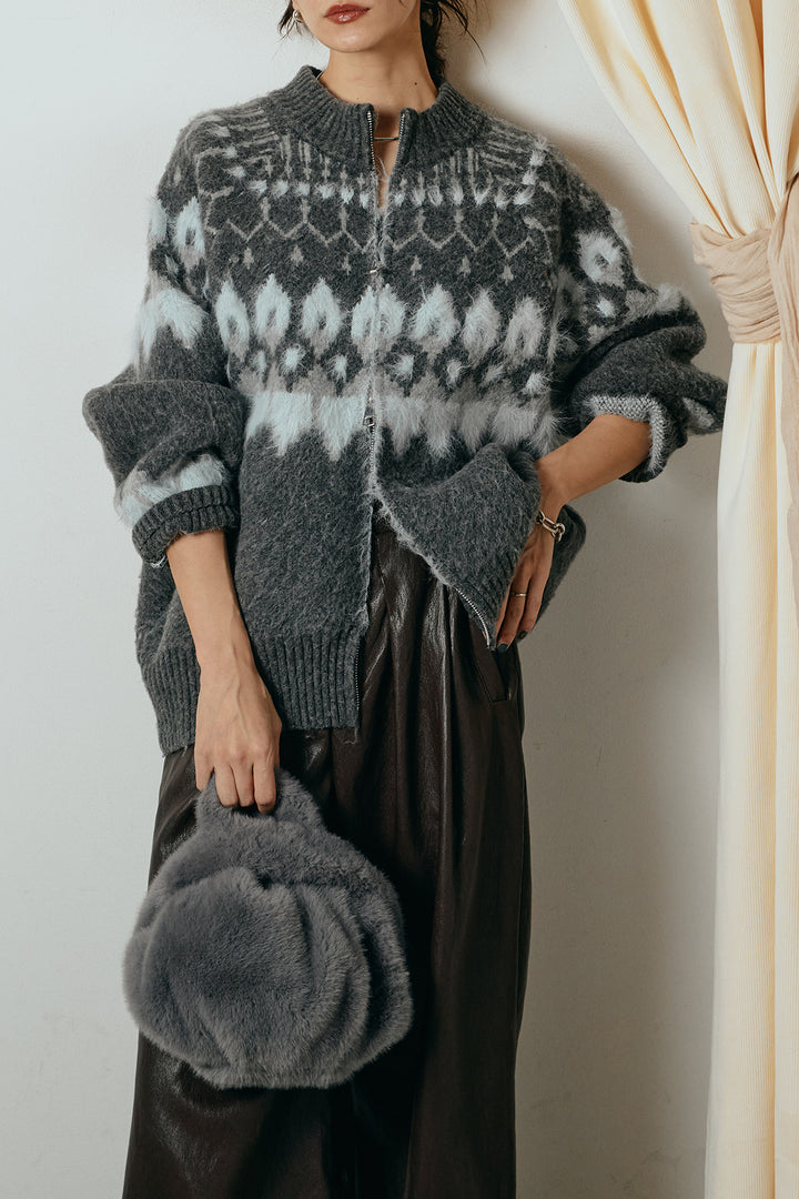 [SET]起毛ダブルジップパターンニットカーディガン+ベルト付きレザーライクタックパンツ(2set)