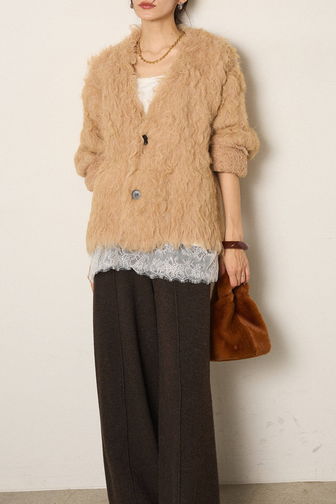 [SET]起毛シャギーニットカーディガン+センターラインニットパンツ(2set)