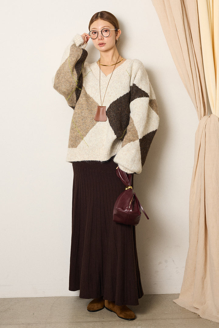 [SET]ルーズアーガイルVネックニット+編み地切り替えフレアニットスカート(2set)