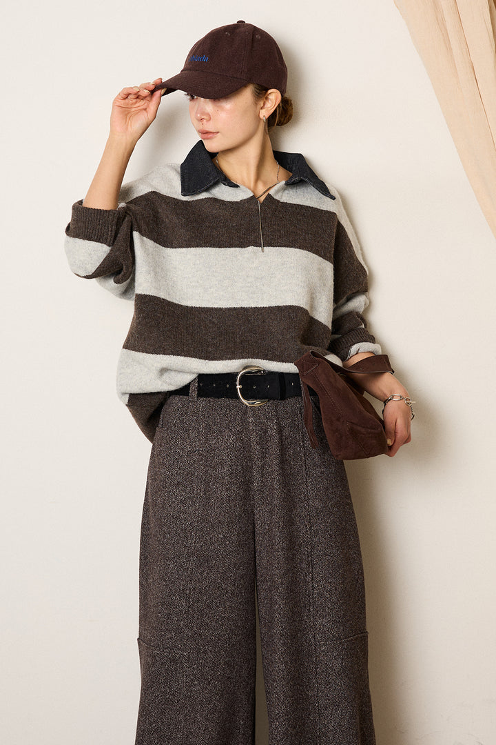[SET]デニムカラーボーダールーズニット+太ベルト付きツイードワイドパンツ(2set)