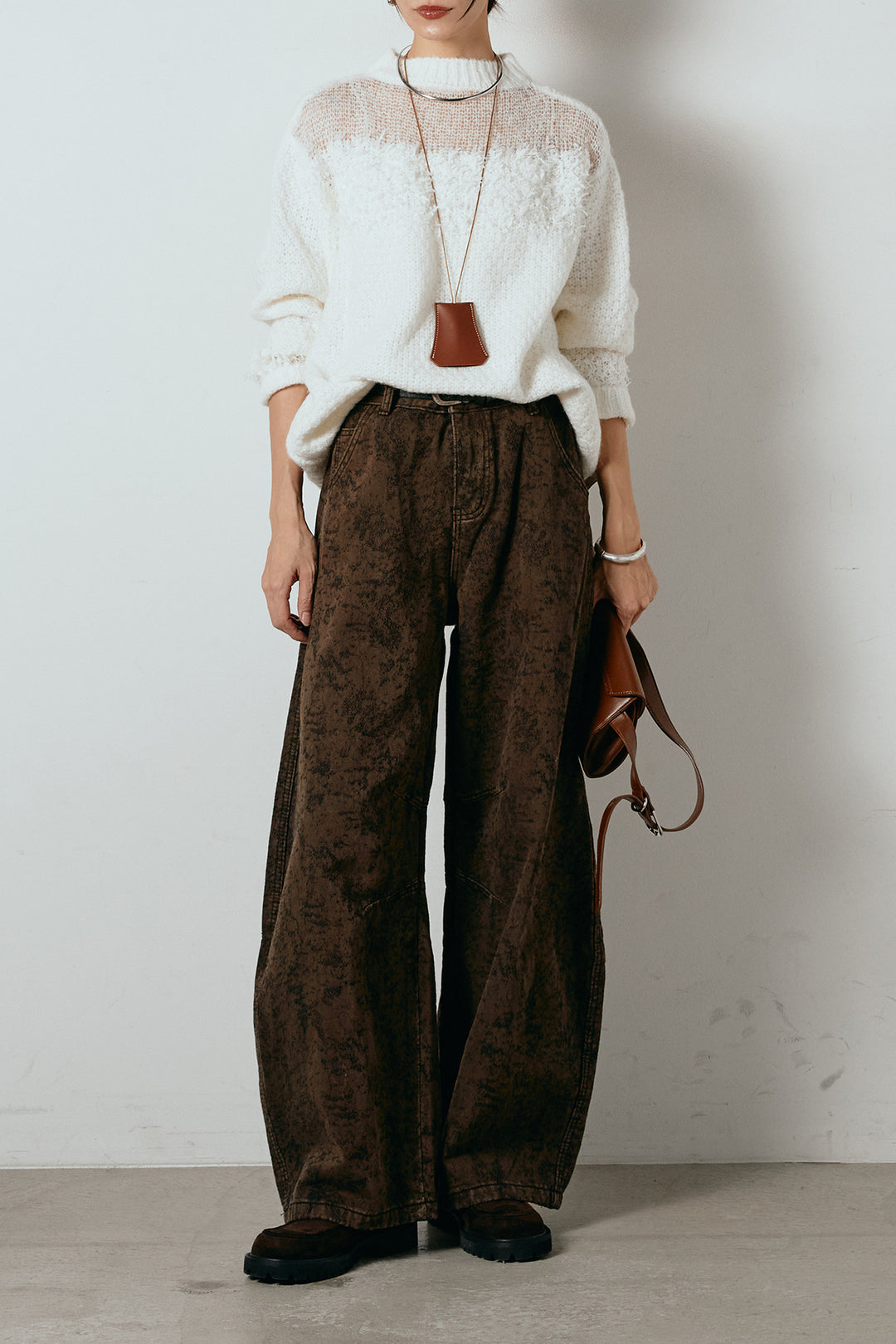 [SET]パターンランダム編みニットトップス+ベルト付きニュアンス柄カーブワイドパンツ(2set)