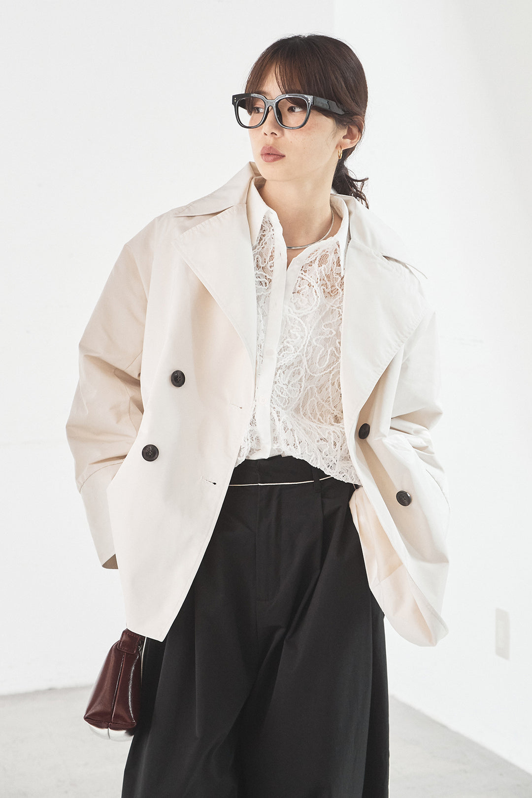 [SET]ナイロントレンチコート+刺繍レースオーバーサイズシャツ(2set)