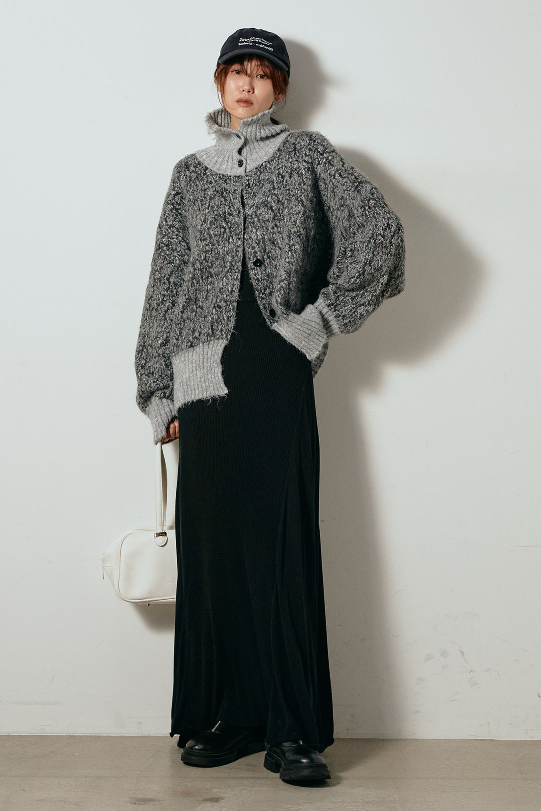 [SET]ハイネックミックスニットトップス+サイド切り替えリブニットロングスカート(2set)