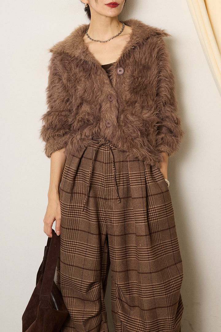 [SET]襟付きシャギーニットカーディガン+グレンチェックルーズタックパンツ(2set)