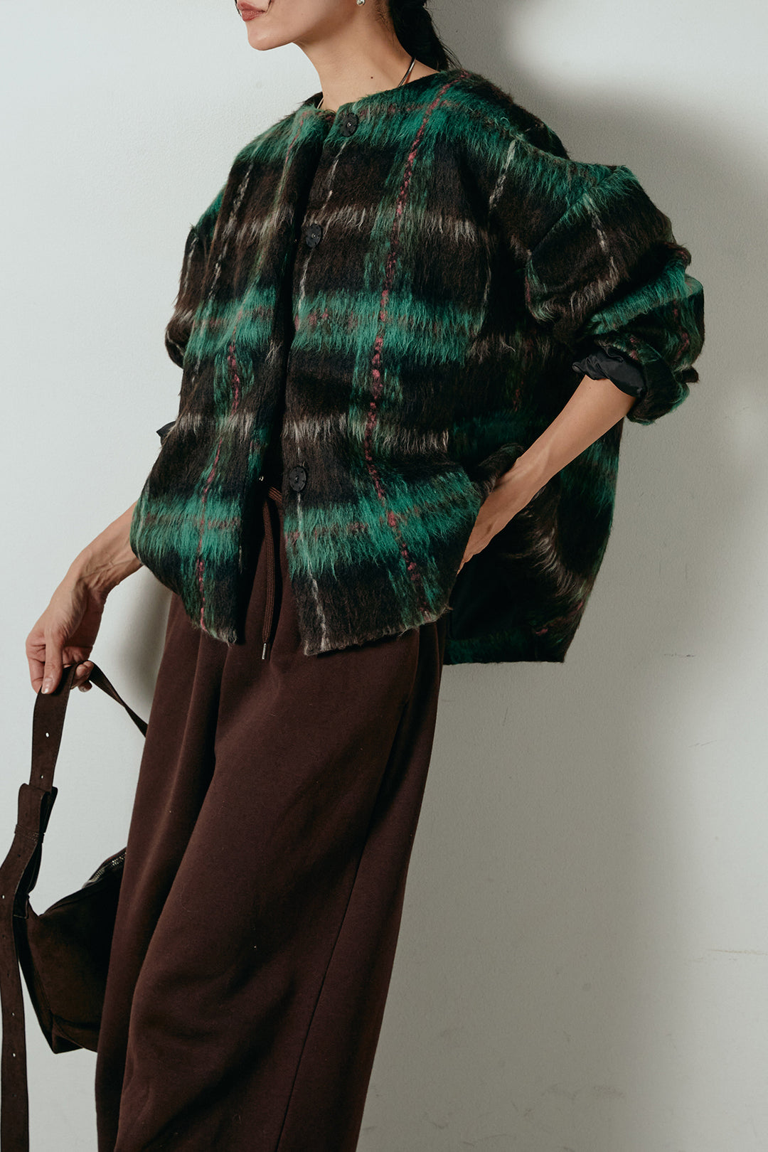 [SET]ノーカラーシャギーチェックアウター+裏起毛スウェットワイドパンツ(2set)