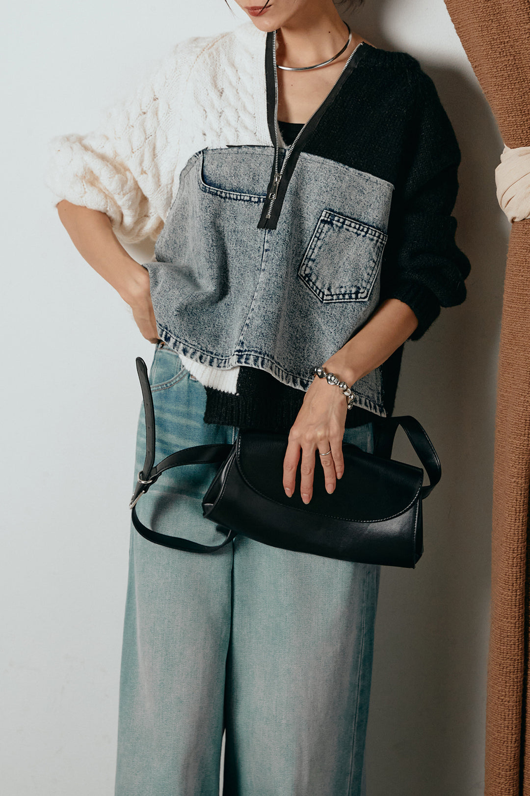 [SET]ハーフジップニットデニムドッキングトップス+ウエストダブルボタンワイドデニムパンツ(2set)