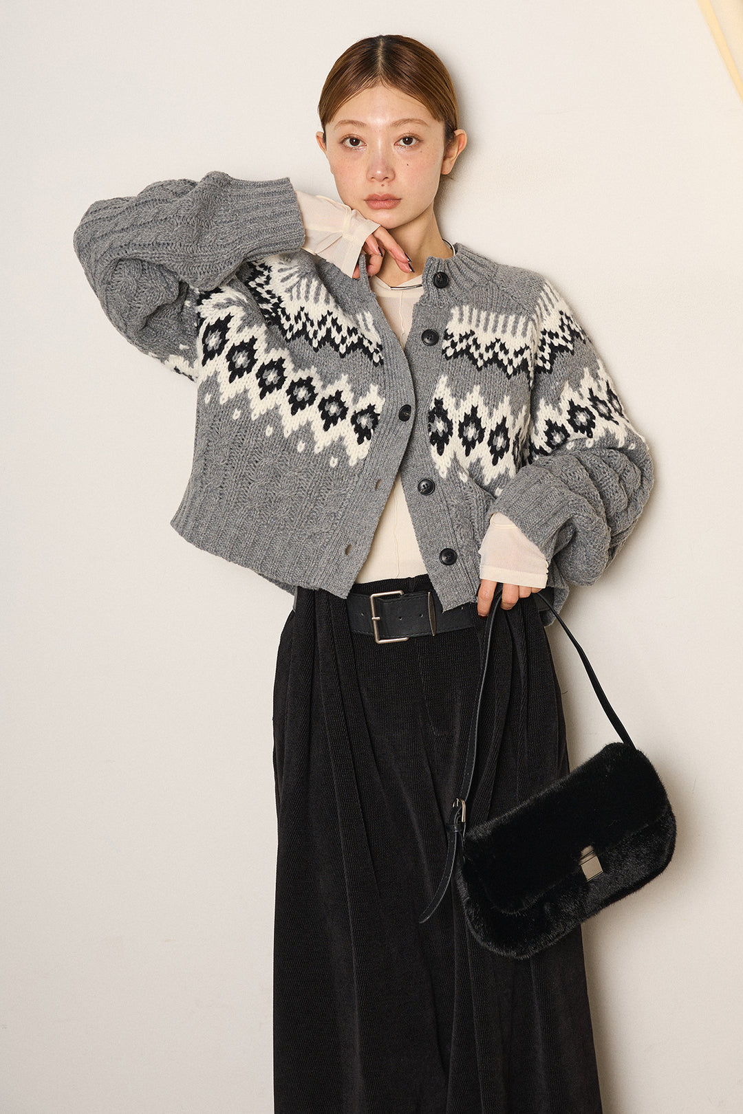 [SET]2WAY求心柄ジャガードショートカーディガン+ベルトループコーデュロイワイドパンツ(2set)