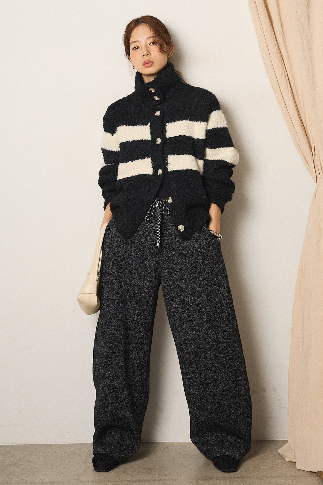 [SET]ハイネックボーダーニットカーディガン+杢ニットフレアパンツ(2set)