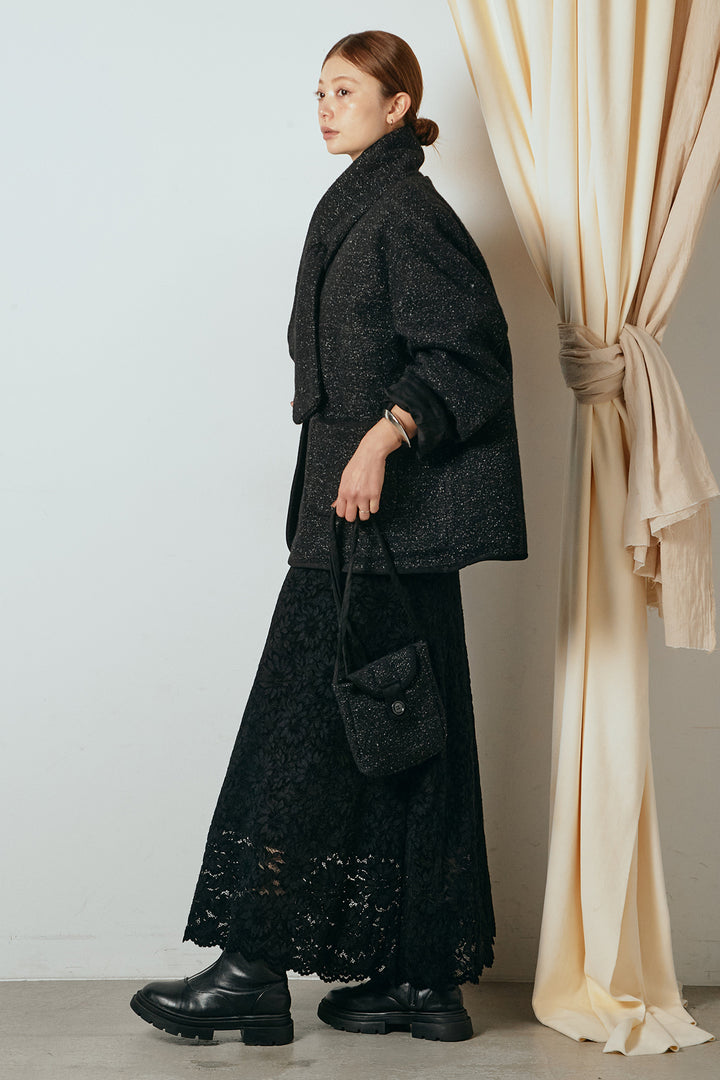 [SET]ノーカラーマフラーバッグ付きアウター+花柄刺繍ベロアフレアスカート(2set)