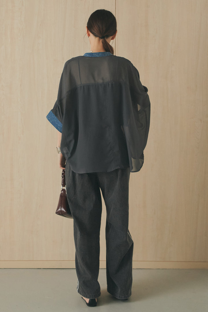 [SET]デニムライクビッグツーポケシアーシャツ+ドロストサイドラインデニムパンツ(2set)