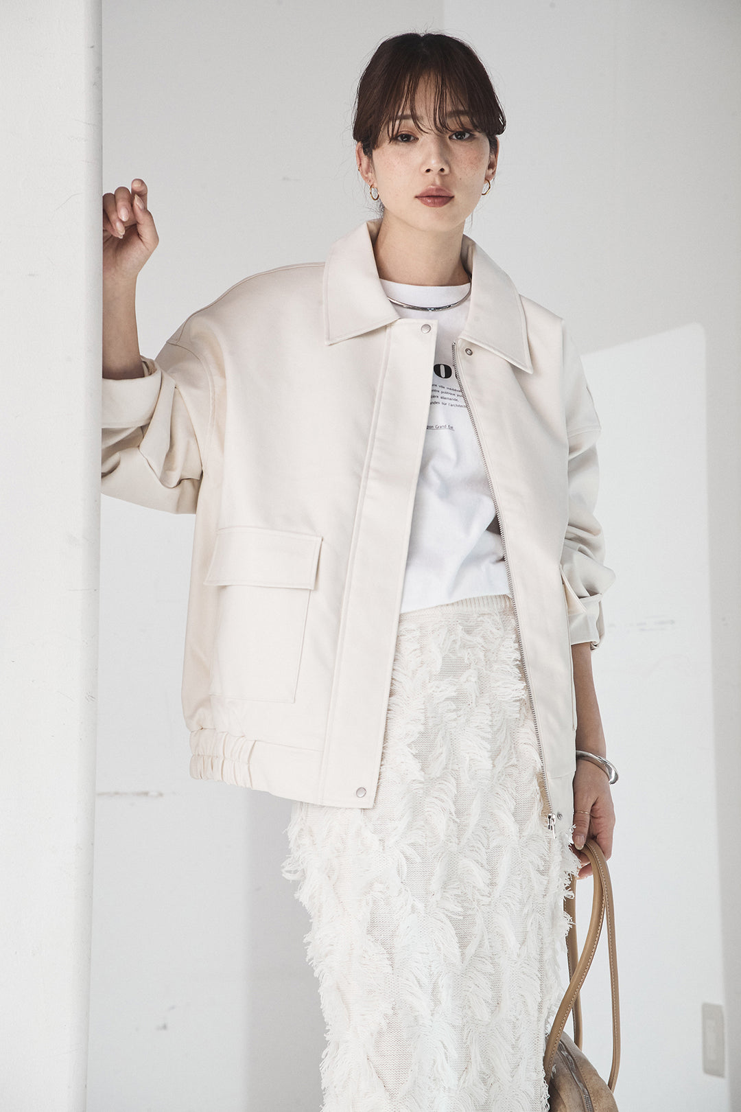 [SET]レザーライクオーバーサイズブルゾン+カットフリンジニットタイトスカート(2set)