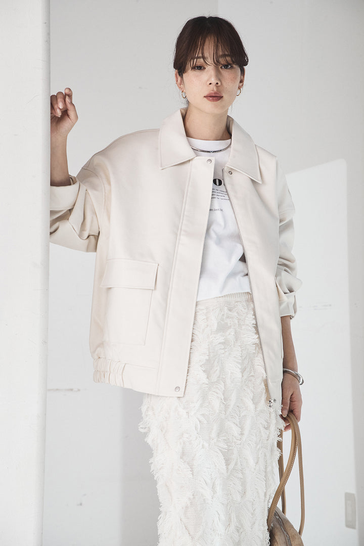 [SET]レザーライクオーバーサイズブルゾン+カットフリンジニットタイトスカート(2set)