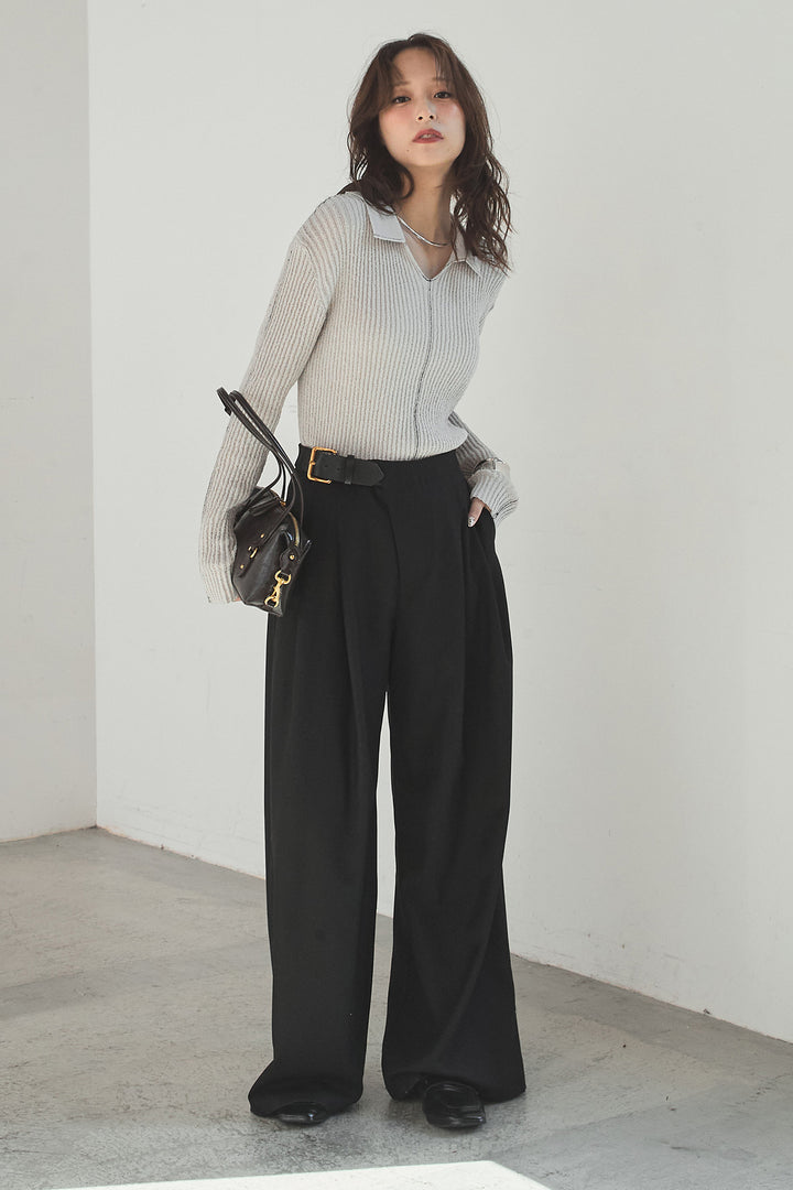 [SET]衿付きニットプルオーバー+サイドベルトタック入りスラックス(2set)