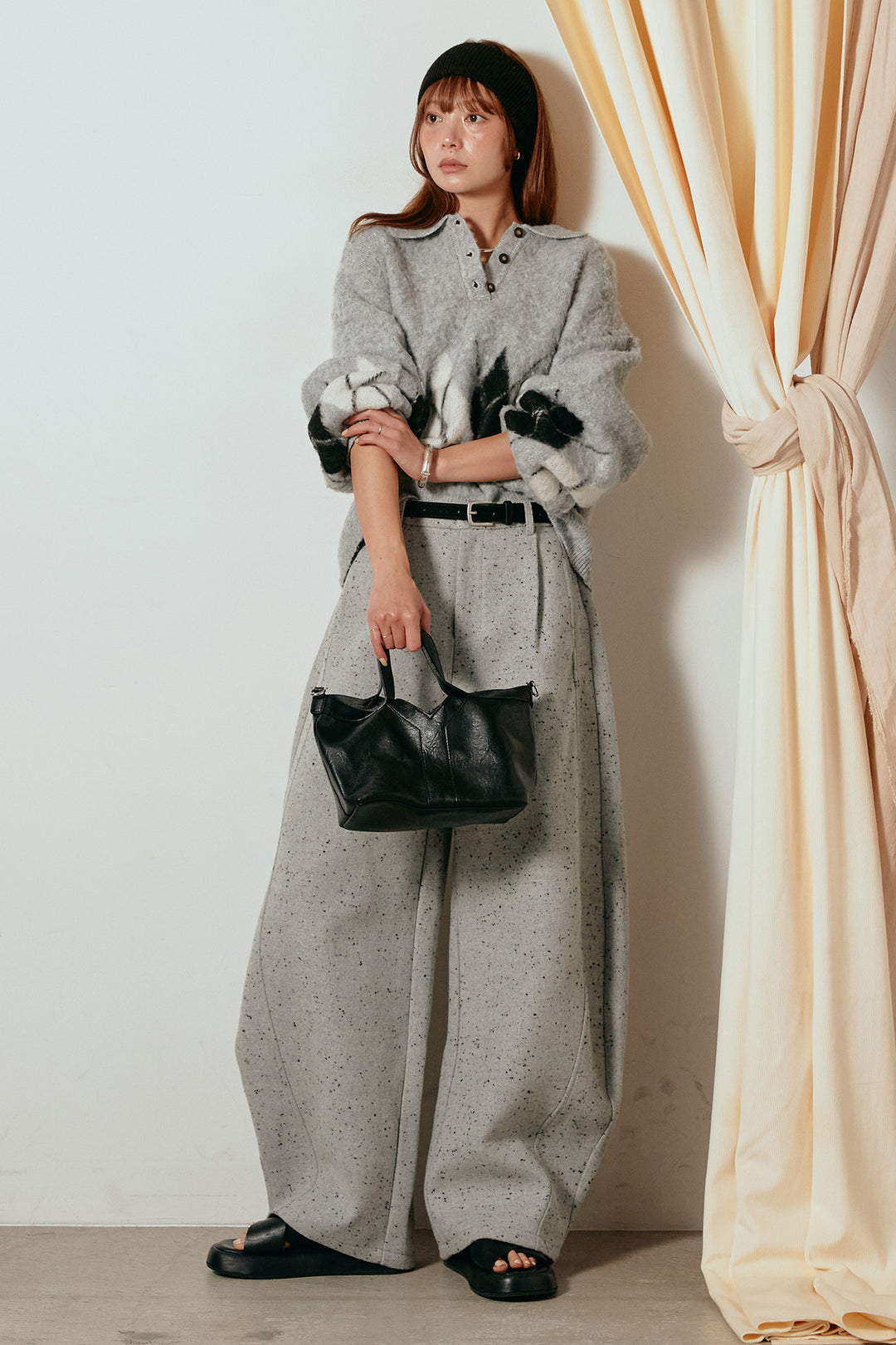 [SET]アーガイル柄ポロニットトップス+ベルト付きネップツイードカーブパンツ(2set)