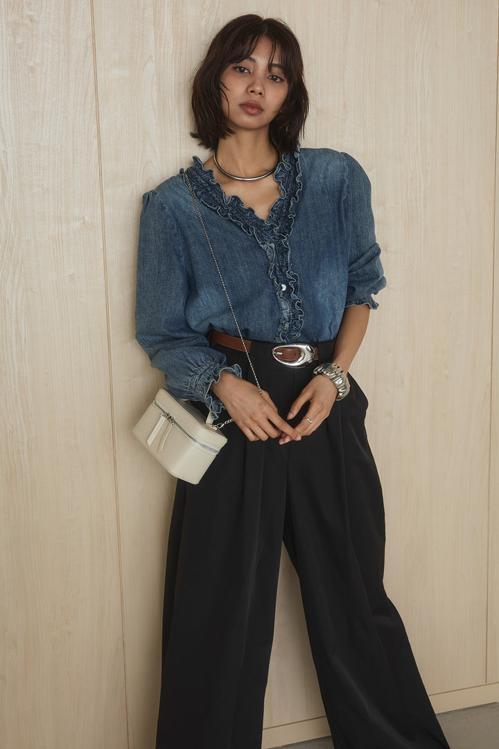 [SET]Vネックデニムフリルトップス+ベルトループデザインハイウエストタックパンツ(2set)