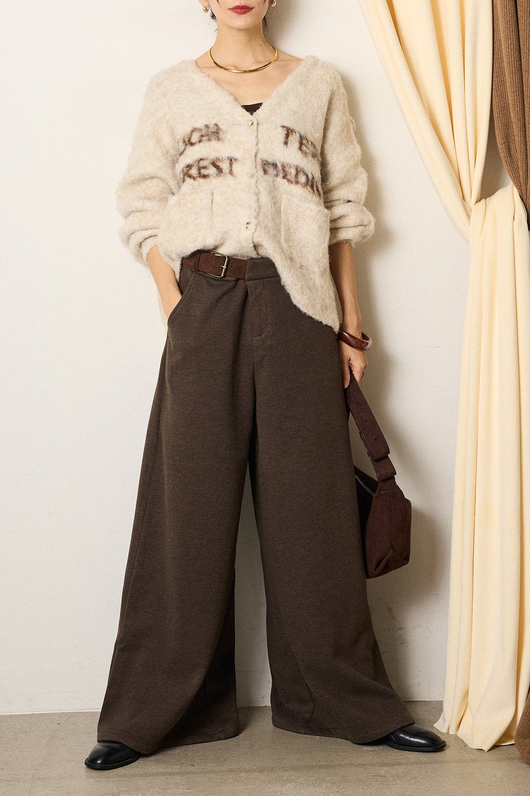 [SET]ウール混透かしロゴニットカーディガン+サイドベルトパンツ(2set)