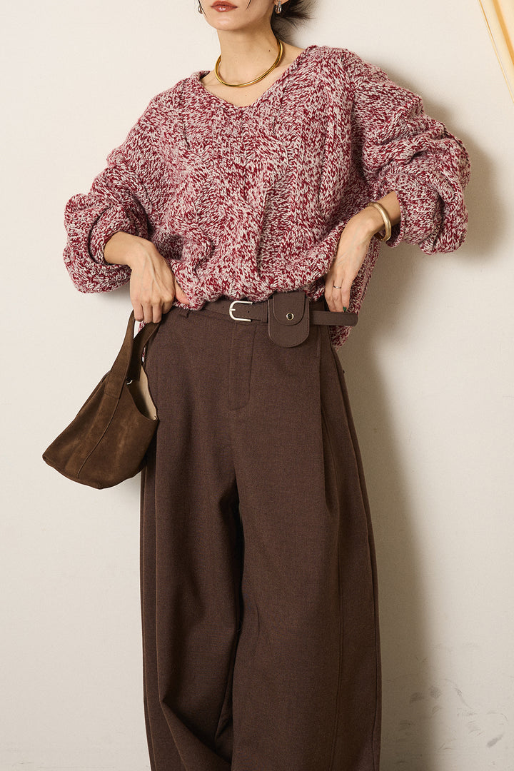 [SET]Vネックミックス編みニットトップス+ポーチベルト付きカーブパンツ(2set)