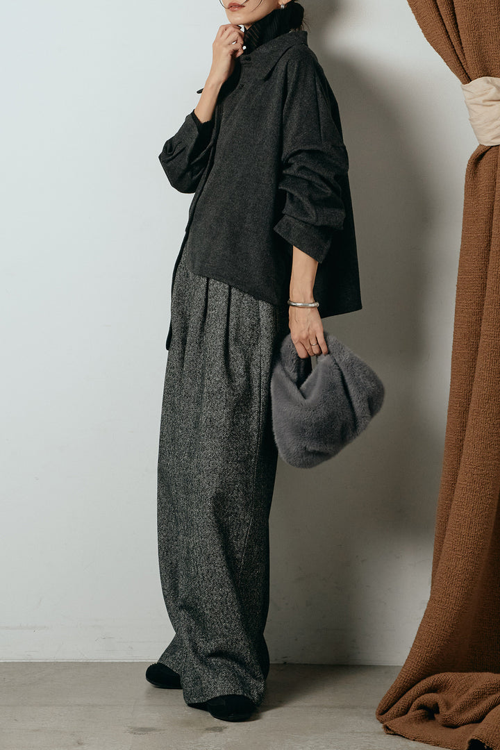 [SET]裾アシンメトリーデザインシャツ+タックツイードワイドパンツ+リブニットシームレスタートルプルオーバー(3set)