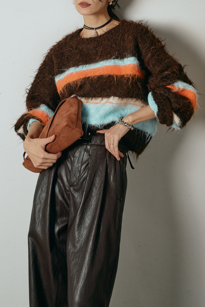 [SET]起毛配色マルチボーダーニットトップス+ベルト付きレザーライクタックパンツ(2set)