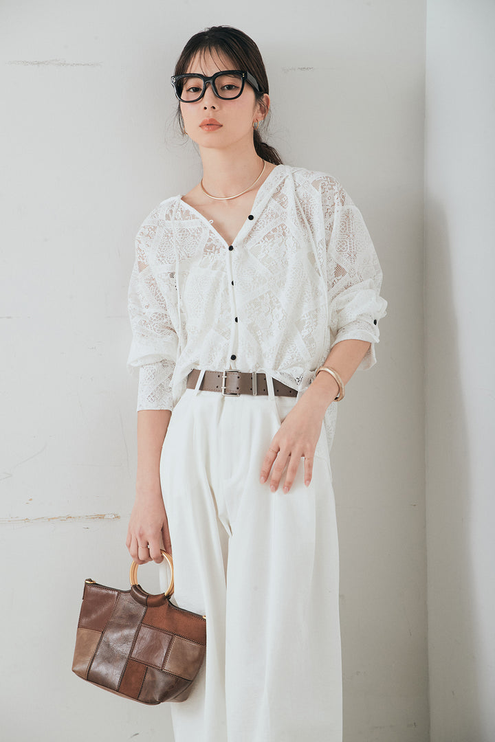 [SET]ブロックレースフード付きブラウス+ベルト付きサイドタックワイドパンツ(2set)