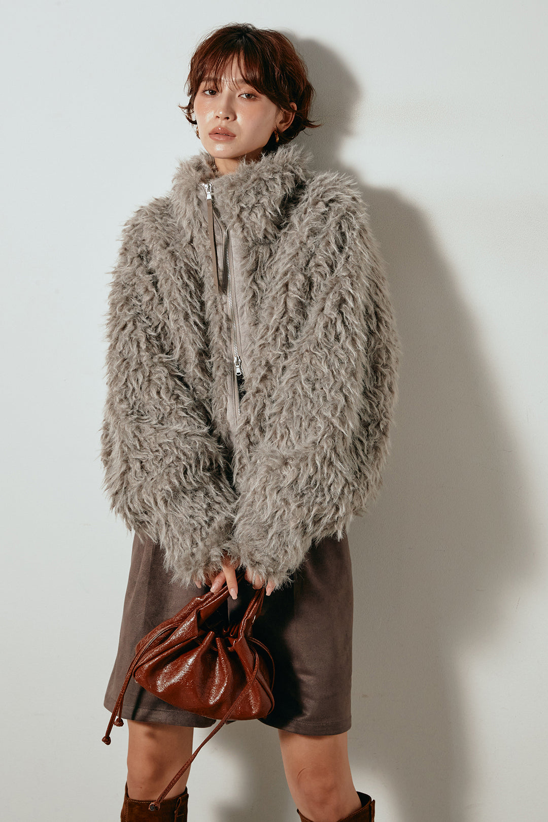 [SET]ミックスシープファースタンドブルゾン+フェイクスウェードハーフパンツ(2set)