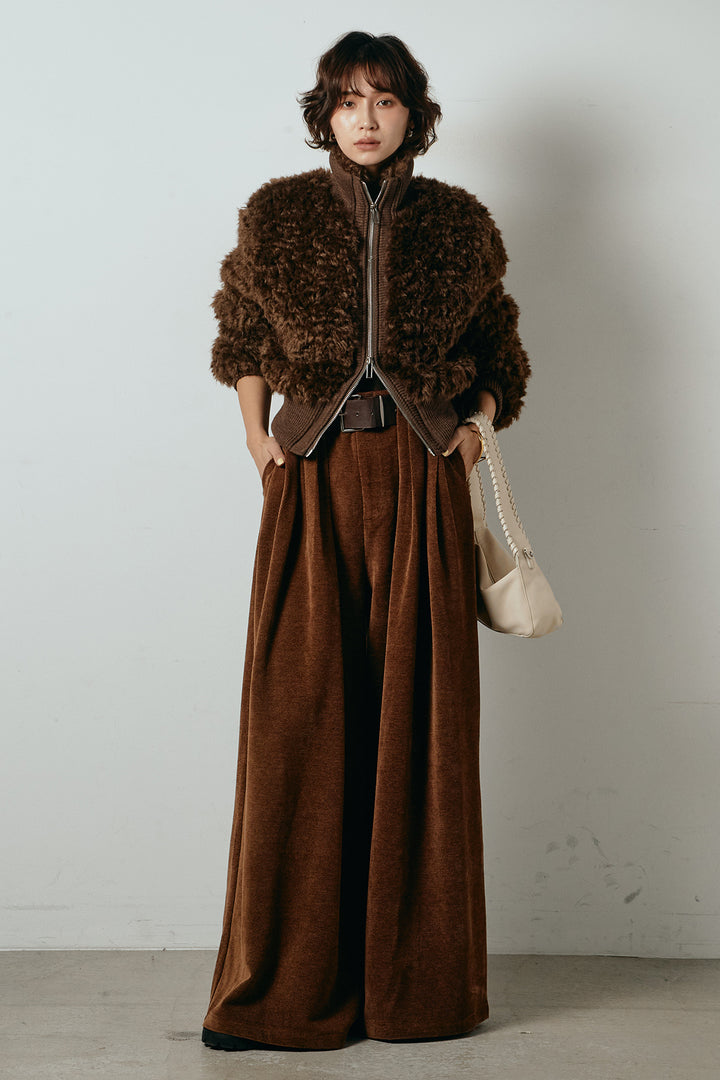 [SET]ハイネックショート丈ボアジップブルゾン+ベルトループコーデュロイワイドパンツ(2set)