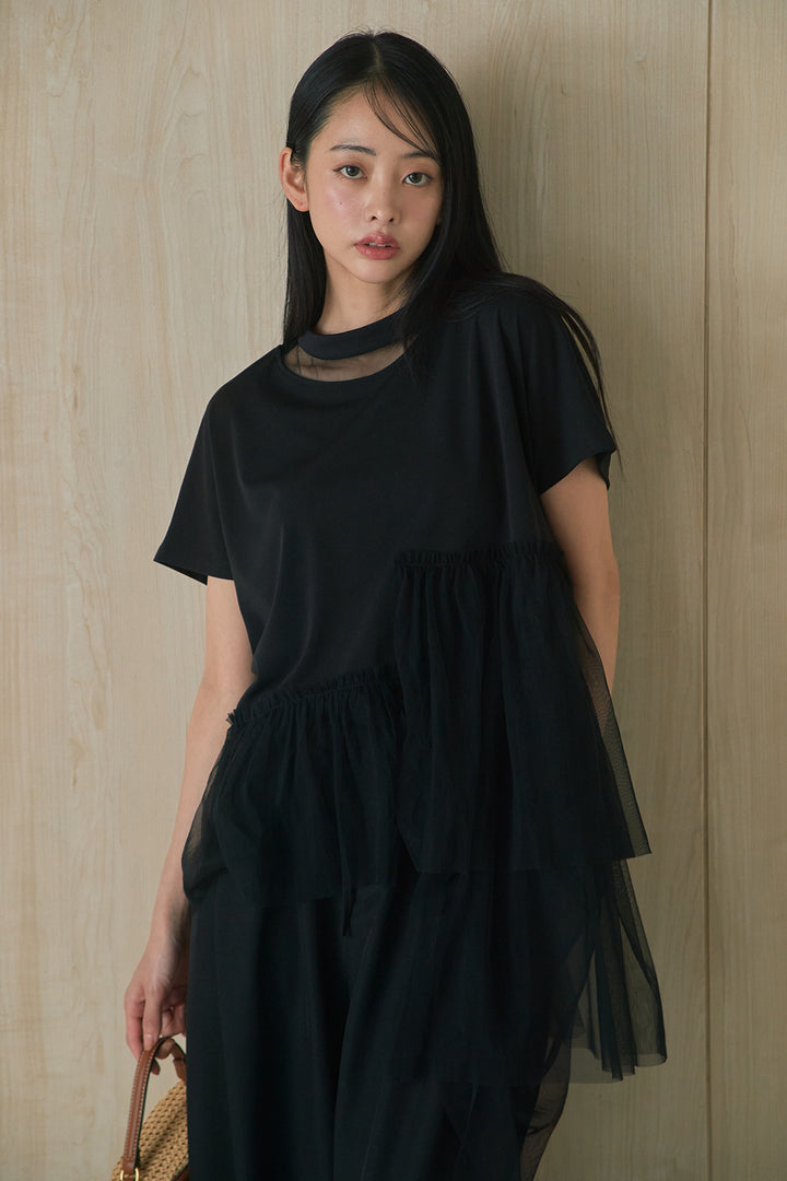 [SET]アシンメトリーチュールフリルTシャツ+ウエストデザインタックワイドパンツ(2set)