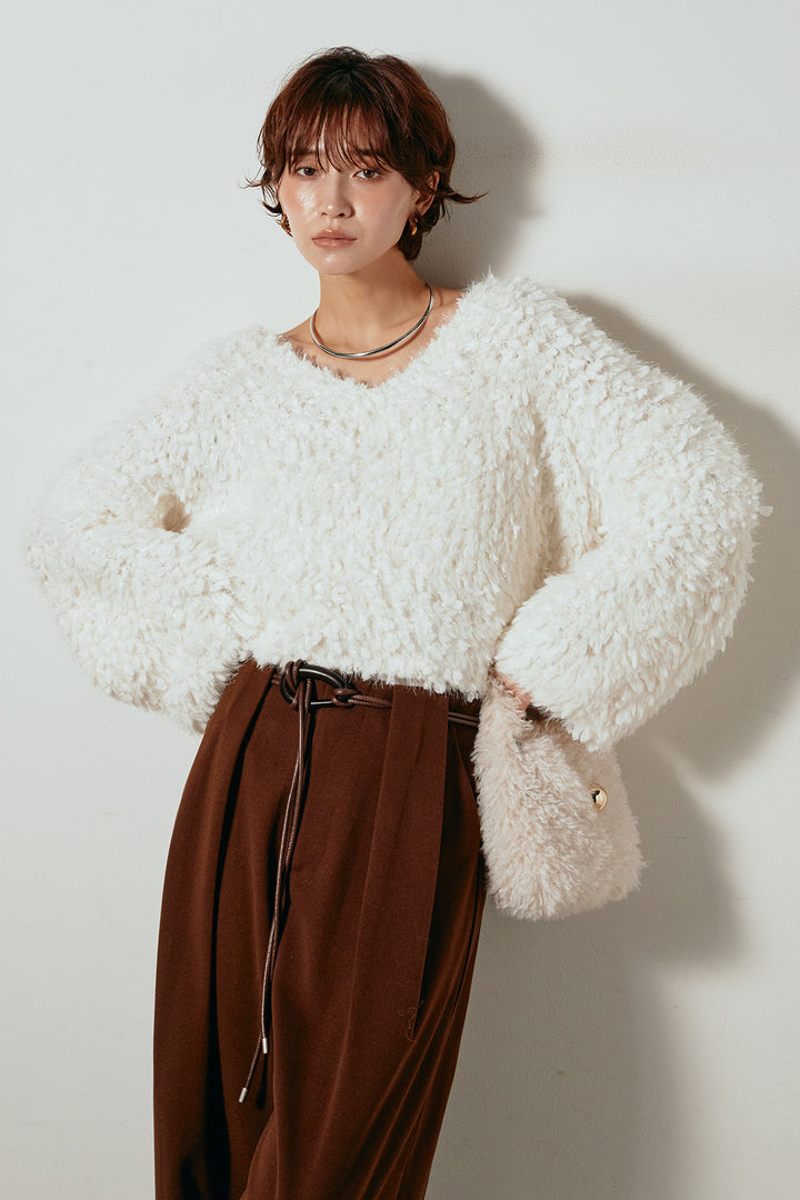 [SET]深Vネックチョウチョヤーンニットトップス+細フェイクレザーベルト付きワイドタックパンツ(2set)