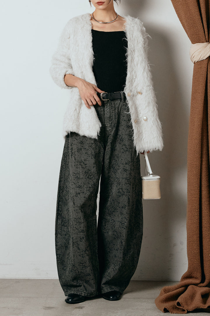 [SET]ウェーブシャギーニットジャケット+ベルト付きニュアンス柄カーブワイドパンツ(2set)