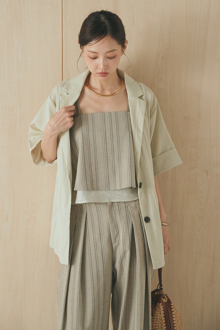 [SET]リネンストライプレイヤードキャミ+リネンストライプタックワイドパンツ(2set)