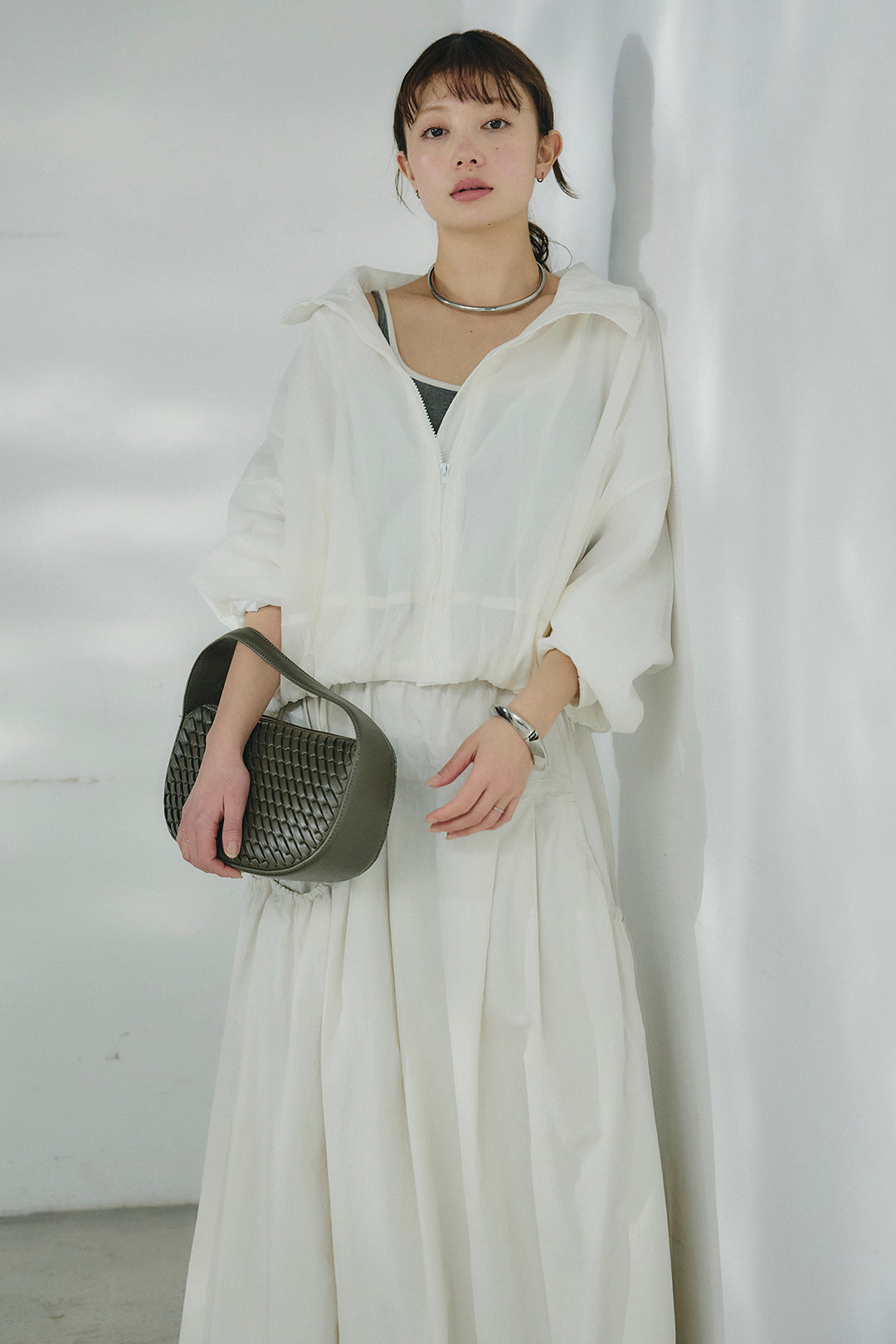 [SET]スタンドネックシアーブルゾン+ナイロンデザインフレアスカート(2set)