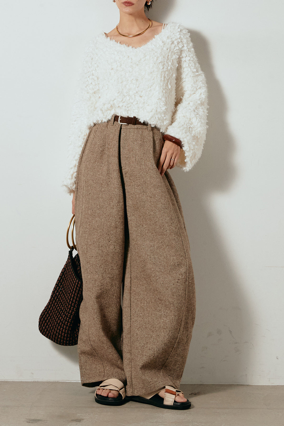 [SET]深Vネックチョウチョヤーンニットトップス+ベルト付きネップツイードカーブパンツ(2set)